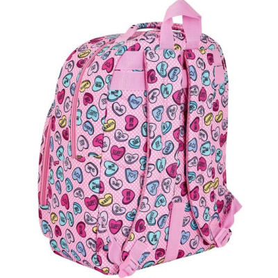 Mochila cor-de-rosa com padrão de corações coloridos e alças almofadadas