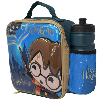 Mala térmica infantil azul e bege com personagem cartoon e suporte lateral para garrafa