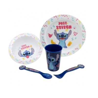 Conjunto infantil com prato, taça, copo e talheres decorados com Stitch