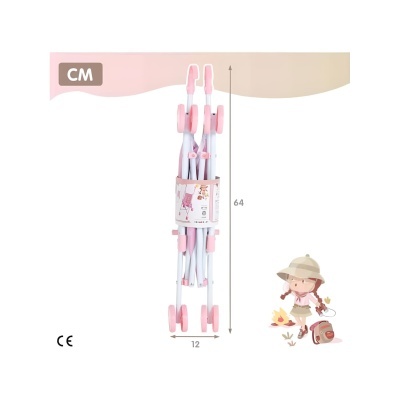 Carrinho de bebé dobrável rosa com rodas e pega curva