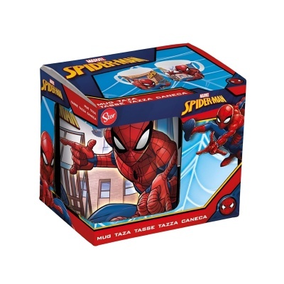 Caixa colorida contendo caneca e prato com temática do Spider-Man.