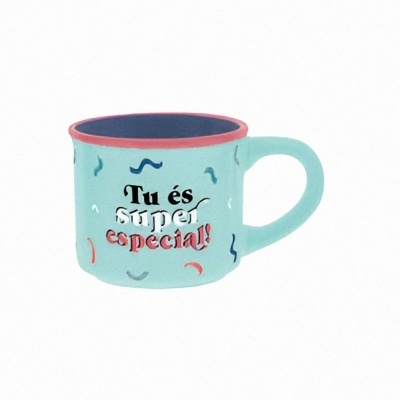 Caneca azul clara com frase inspiradora e decoração de confetes coloridos