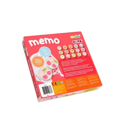 Caixa vermelha de jogo de memória infantil memo da marca evolut com ilustrações de frutas.