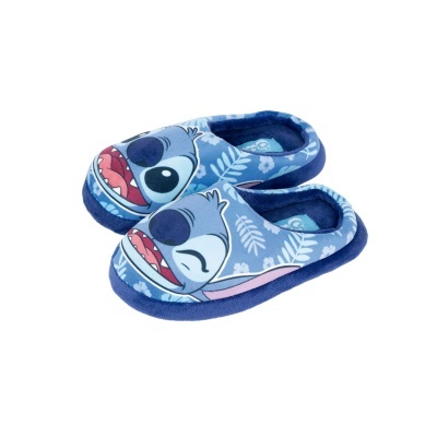 Chinelos de criança azuis com personagem Stitch e padrão de folhas brancas