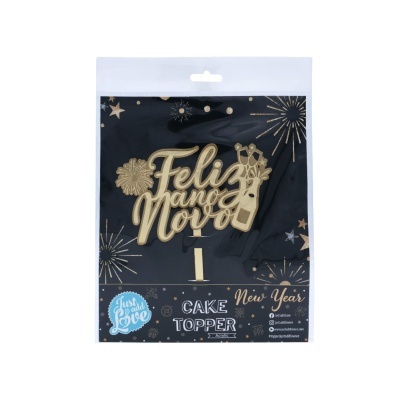 Cake topper acrílico dourado "Feliz Ano Novo"
