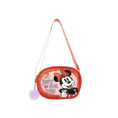 Mala de criança rosa com Minnie Mouse e texto 'JUST FOR YOU'