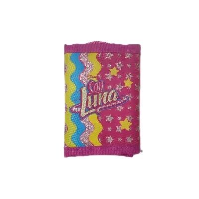 Carteira cor-de-rosa com texto Soy Luna e padrões coloridos