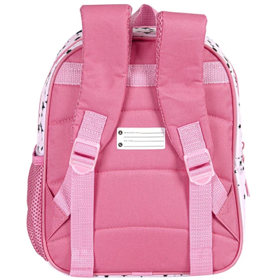 Mochila rosa com alças acolchoadas e etiqueta para identificação