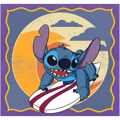 Ilustração da personagem Stitch azul em prancha de surf com fundo colorido