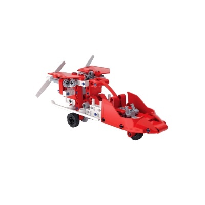 Modelo de helicóptero vermelho feito com peças tipo Lego sobre fundo branco