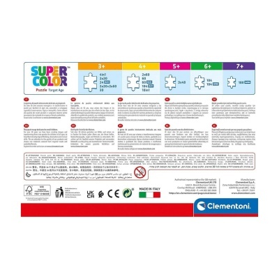 Embalagem traseira do puzzle Super Color Clementoni com detalhes de peças e idades recomendadas