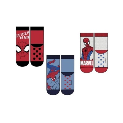 Três pares de meias do Homem-Aranha com cores vermelho, azul e branco e textos