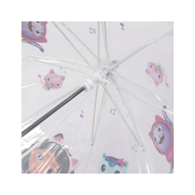 Guarda-chuva transparente com estampas de personagens animais coloridos e notas musicais