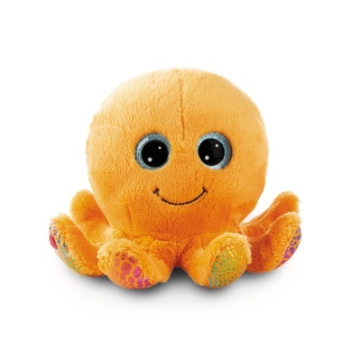 Pelúcia polvo amarela com olhos grandes e tentáculos coloridos