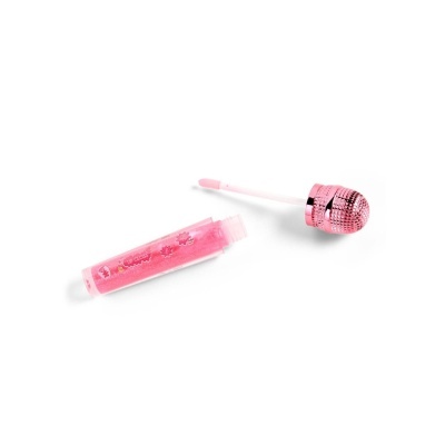 Lip gloss rosa com aplicador e tampa metálica texturada rosa