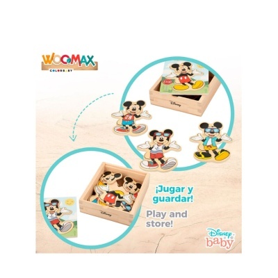 Peças de madeira Mickey Mouse com caixa Disney Baby e texto promocional.