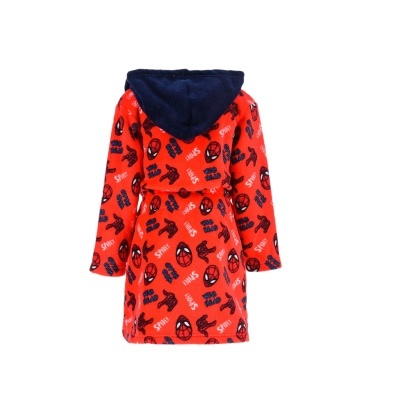 Robe infantil vermelho com capuz azul e padrão Homem-Aranha