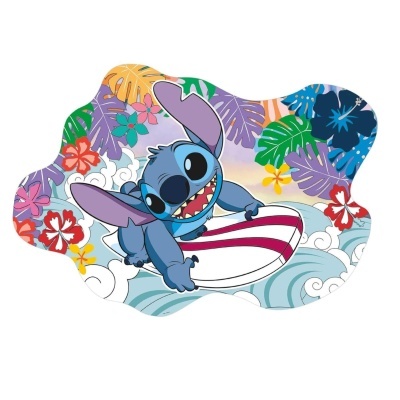 Tapete com estampa de Stitch a surfar rodeado por flores tropicais