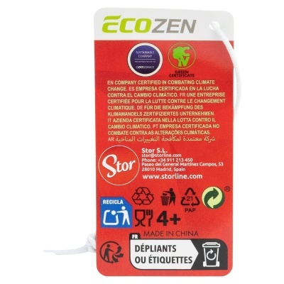 Etiqueta vermelha de papel com texto e logotipos ECOZEN e Stor S.L.