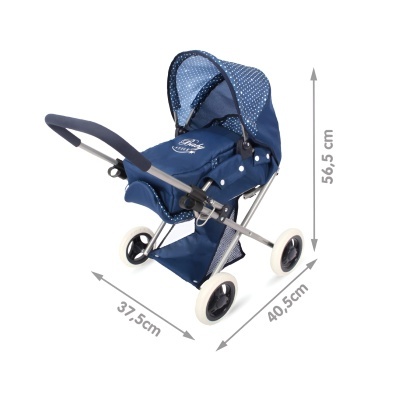 Carrinho de bonecas azul escuro com capuz de bolinhas brancas e rodas brancas