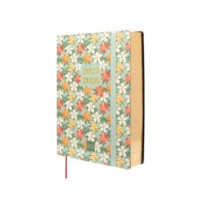 Agenda 2023-2024 com capa floral e fecho elástico.