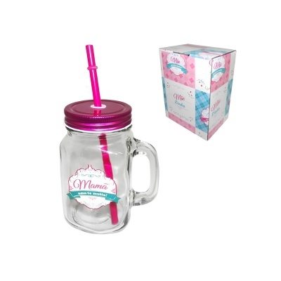 Copo de vidro com palhinha "Mamã amo-te muito"