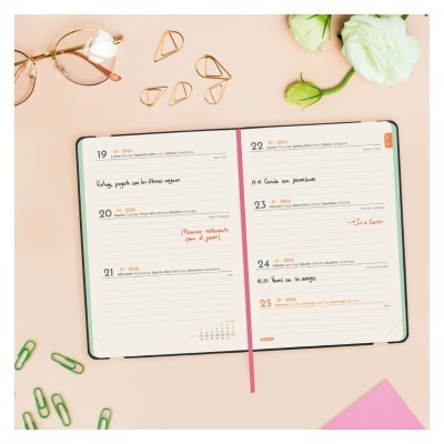 Agenda semanal aberta com texto, acessórios de escritório e flor sobre superfície rosa