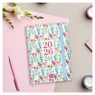 Agenda 2026 de capa dura com padrão floral colorido e elástico azul
