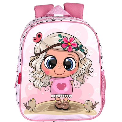 Mochila infantil rosa com desenho de menina caricaturada e passarinhos
