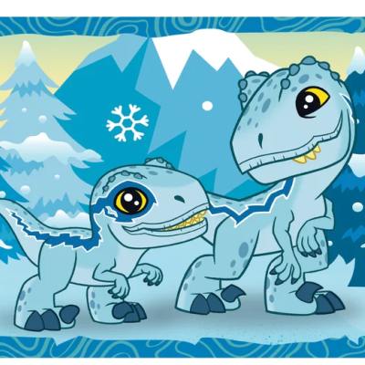 Ilustração de dois dinossauros azuis cartoon com fundo de montanhas e pinheiros azuis.