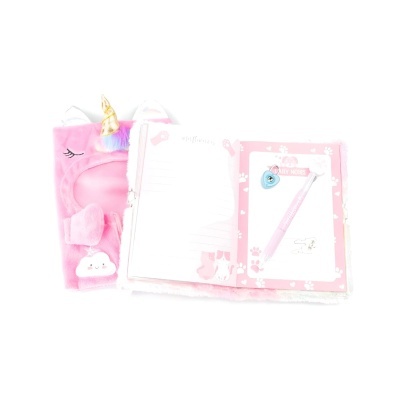 Diário e estojo temático de unicórnio rosa com caderno aberto e lápis cor-de-rosa