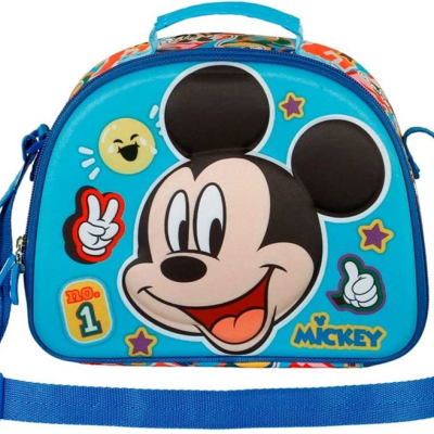 Bolsa infantil azul com estampa do Mickey Mouse e alça ajustável.