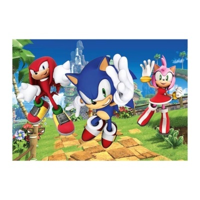 Personagens Sonic, Knuckles e Amy num cenário natural colorido.
