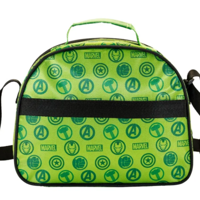 Mala de ombro verde com padrão dos Avengers e MARVEL