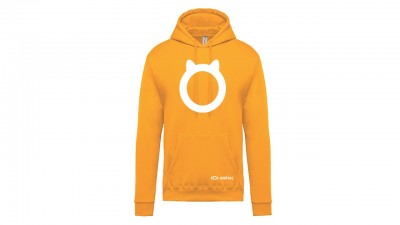 Sweatshirt com capuz laranja com símbolo branco e texto KOI ANIMAL