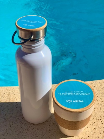 Copo de fibra de bambu + Garrafa Aço Inoxidável