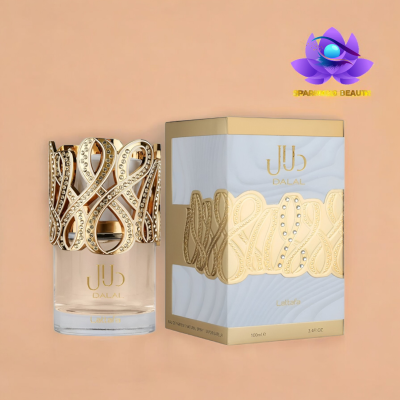 Frasco de perfume transparente com tampa dourada decorativa e caixa branca e dourada