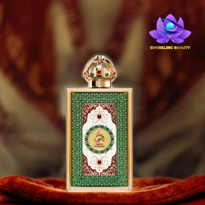 Frasco de perfume decorativo dourado e verde com tampa em forma de coroa