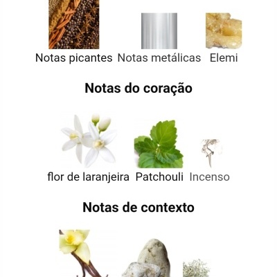 Notas olfativas principais, do coração e de contexto com imagens associadas