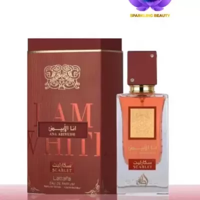 Frasco e caixa de perfume castanhos com detalhes dourados e texto em vermelho e dourado.