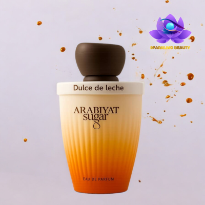 Frasco de perfume ARABIYAT sugar cor creme a laranja com tampa castanha