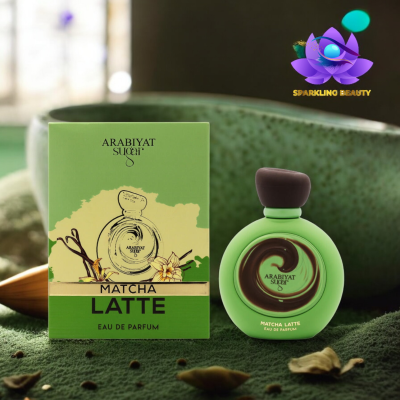 Frasco e embalagem de perfume Matcha Latte Arabiyat Sugar verde com tampa castanha