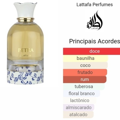 Frasco de perfume Lattafa Petra com tampa branca e decoração azul na base ao lado de lista de acordes principais