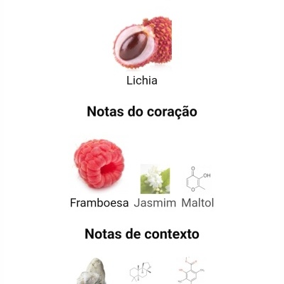 Notas principais lichia, notas do coração framboesa jasmim maltol e notas de contexto âmbar ambroxan evernyl