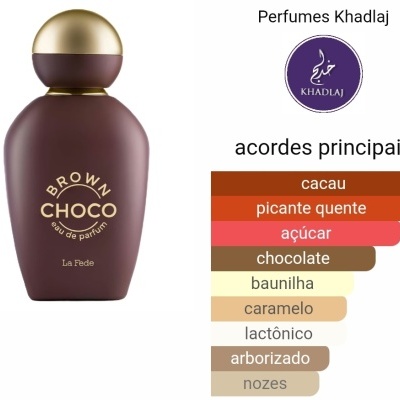 Frasco castanho de perfume Brown Choco com tampa dourada ao lado de gráfico de acordes principais