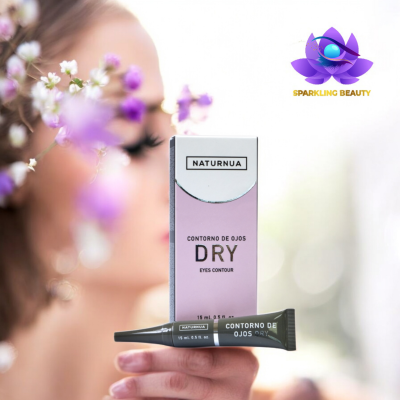 Creme para contorno dos olhos NATURNUA DRY com embalagem tubo e caixa lilás e branco