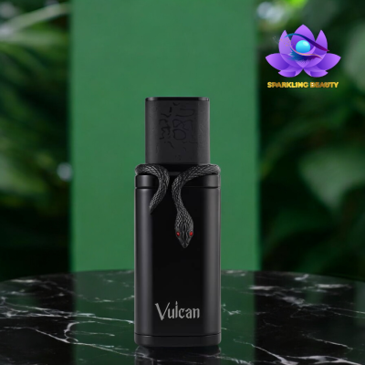 Frasco de perfume preto com design de cobra e texto Vulcan sobre mármore negro