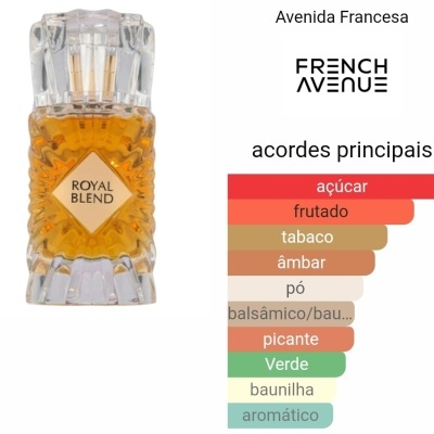 Frasco de perfume Royal Blend em vidro translúcido com líquido âmbar