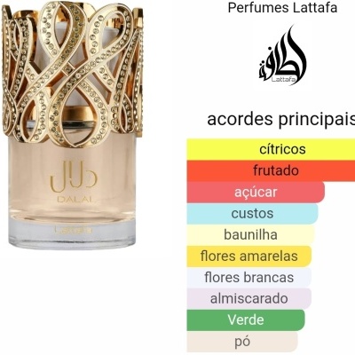 Frasco de perfume com tampa dourada e cristais, corpo transparente com líquido bege e texto dourado