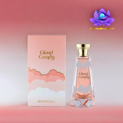 Frasco de perfume Cloud Candy com caixa rosa e nuvens